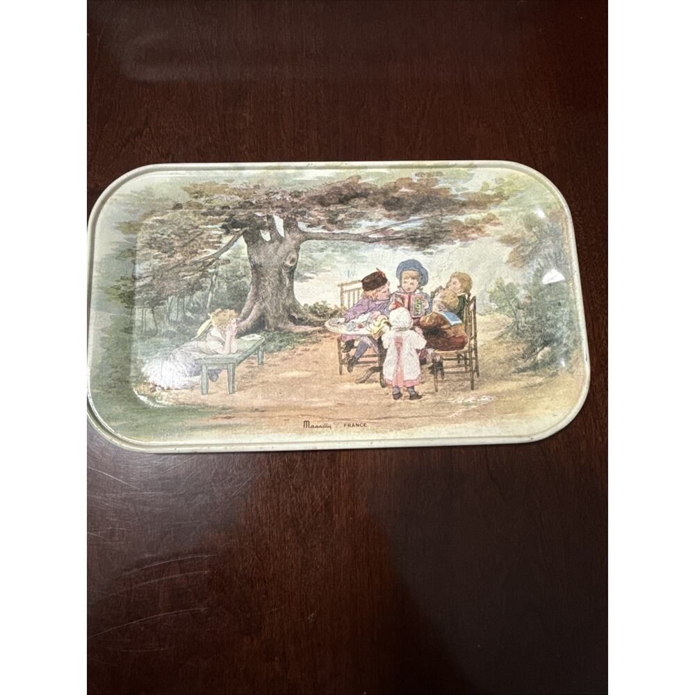 Vintage Massilly France Tin Trinket Book Reading Tray Cottage Rustic Provincial